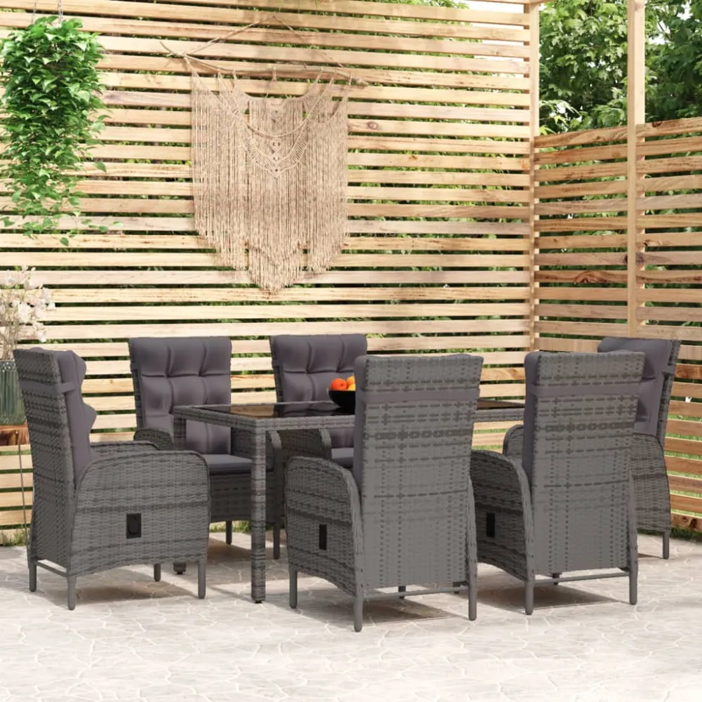 vidaXL juego de comedor para jardín 7 piezas ratán sintético gris con Cojines Prueba de Agua