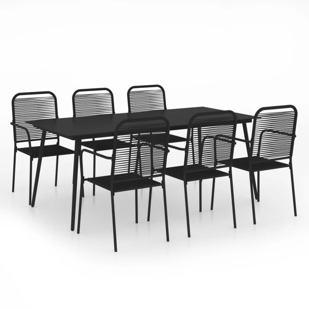 vidaXL set de comedor de jardín 7 pzas cuerda de aLGodón y acero negro para Terraza y Piscina