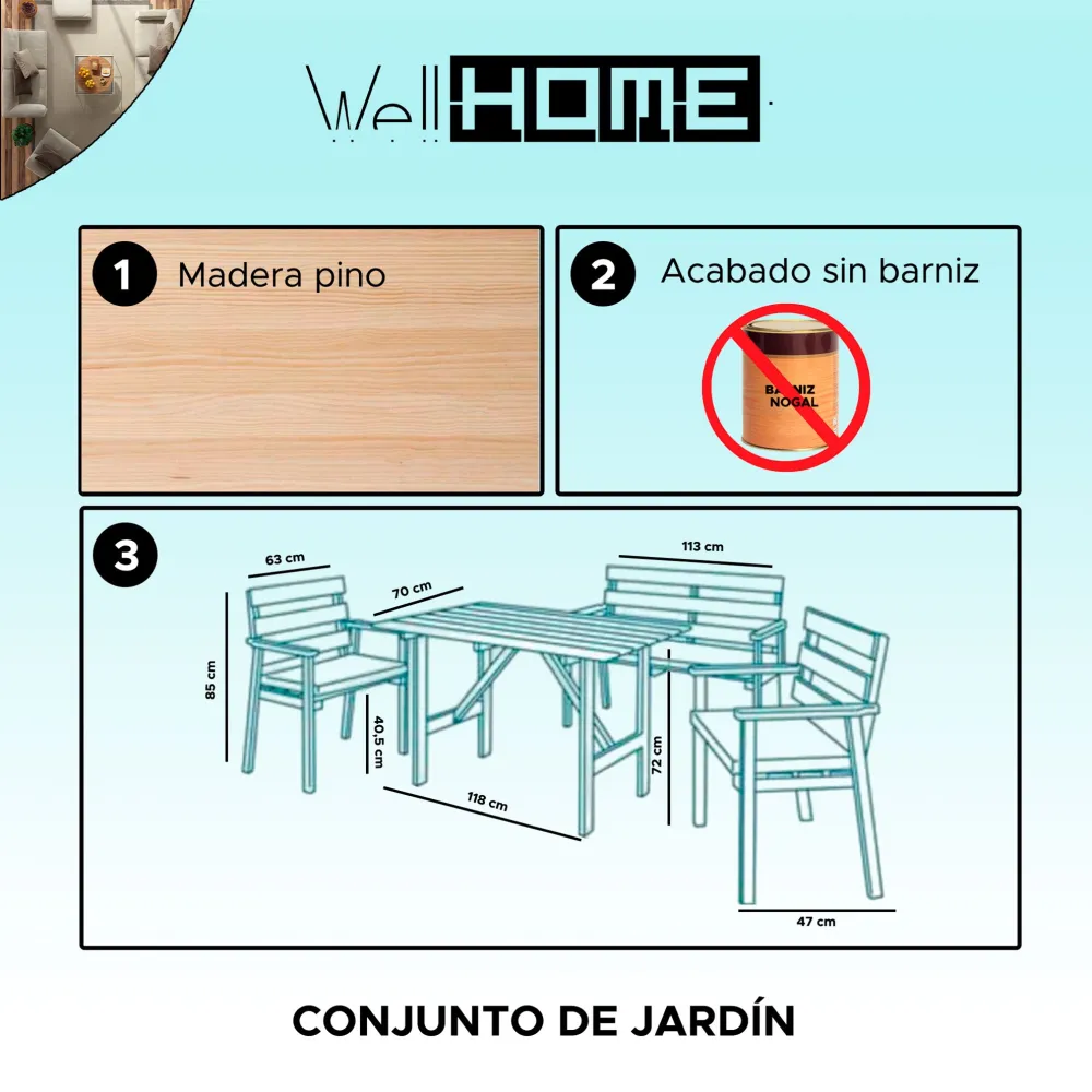 Well home conjunto de jardín en madera | Incluye Mesa y 4 Sillas |