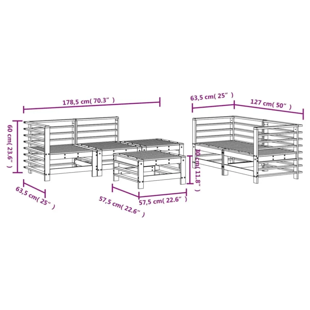 Conjunto de jardín Space 6 piezas madera maciza de pino para Terraza y Piscina