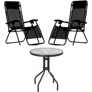 Conjunto Modular Juego Jardin 2 Sillas Reposeras+ 1 Mesa Redonda Vidrio 60 Cm Negro