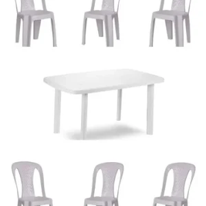 Conjunto Premium de Juego Exterior Jardin Plastico Mesa Rectangular + 6 Sillas Blanco