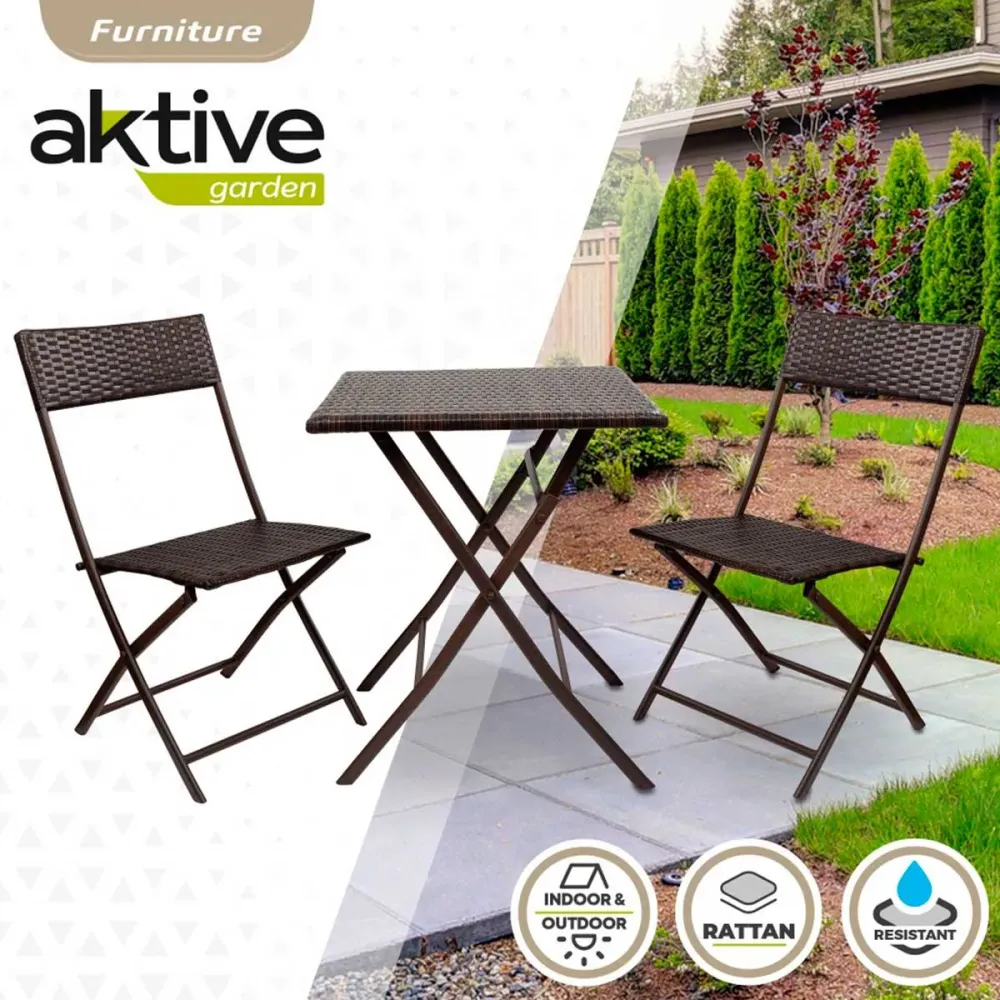 Conjunto de terraza Aktive Garden mesa+2 sillas plegables ratán negro | Incluye Mesa y 4 Sillas |