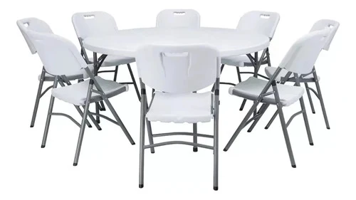 Set Completo de Jardín con Juego Jardin Patio Plegable Mesa Redonda 1,50 Mt + 8 Sillas Blanco