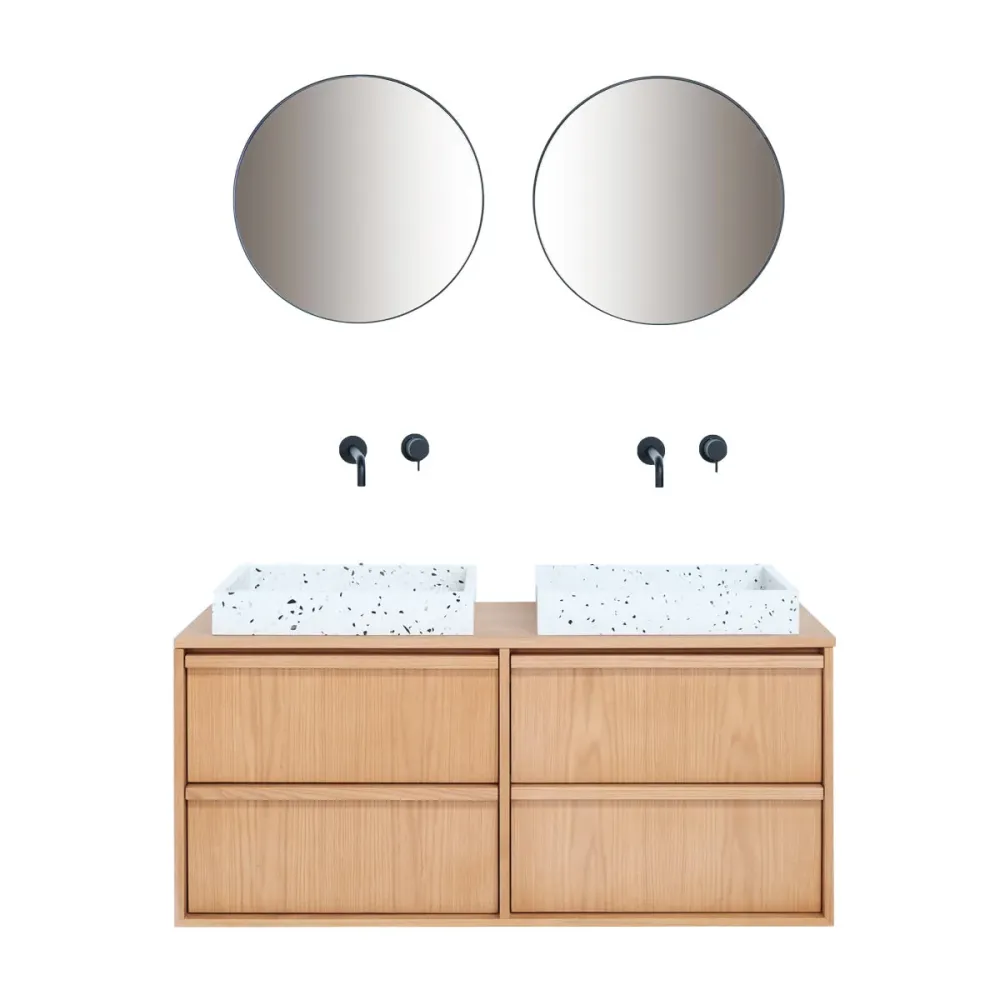 Scandinavische badkamerkast Fien Eik - Wit Terrazzo- houten bovenplaat - 120 cm