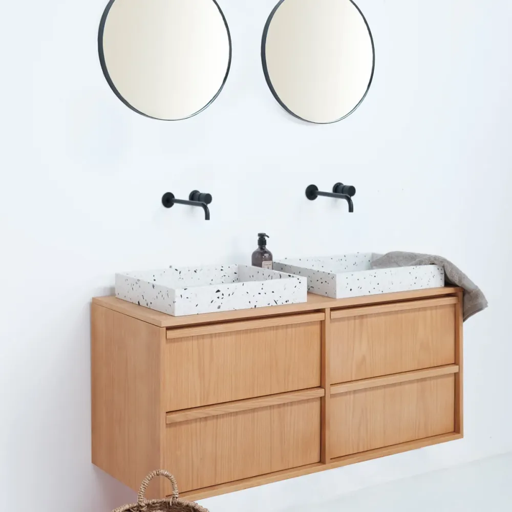 Scandinavische badkamerkast Fien Eik - Wit Terrazzo- houten bovenplaat - 120 cm