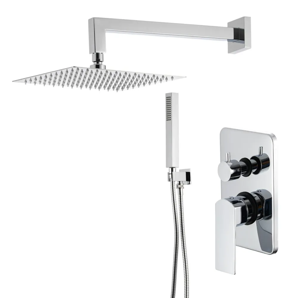 Soporte Ajustable Kit de ducha empotrado de 2 vías con cabezal cuadrado de 250mm en latón cromado Fire