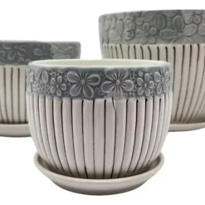 Cesta Colgante con Malla Set 3 Maceteros Maceta De Cerámica Blancos Flores Y Líneas