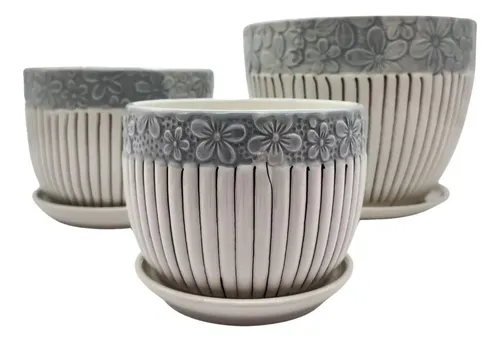 Maceta de Autorriego con Reserva Set 3 Maceteros Maceta De Cerámica Blancos Flores Y Líneas