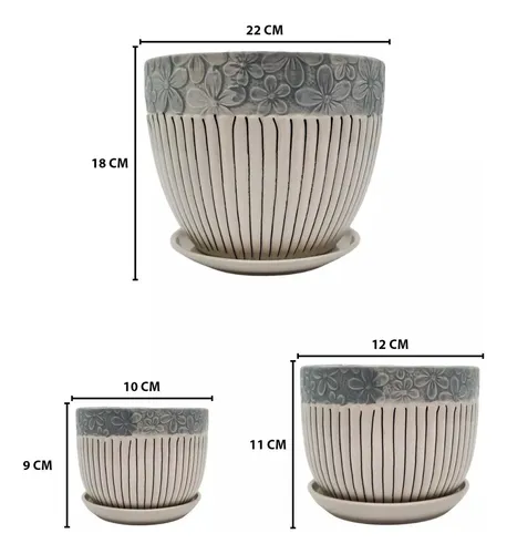 Maceta de Autorriego con Reserva Set 3 Maceteros Maceta De Cerámica Blancos Flores Y Líneas