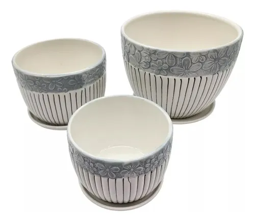 Maceta de Autorriego con Reserva Set 3 Maceteros Maceta De Cerámica Blancos Flores Y Líneas