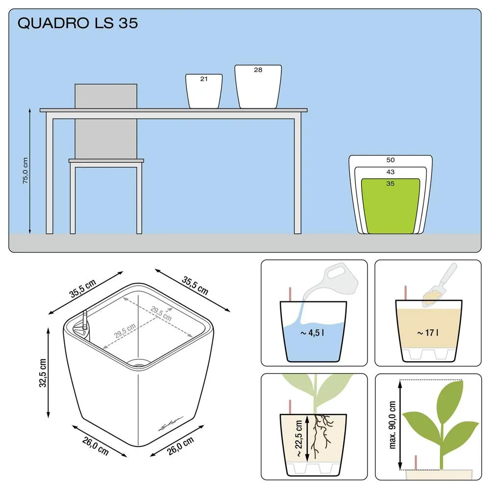 Maceta quadro de alta gama ls 35 - kit completo, topo brillante 35 cm