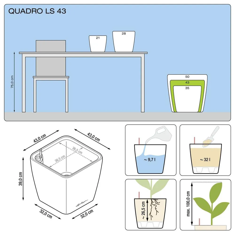 Maceta quadro premium ls 43 - kit completo, topo radiante 43 cm