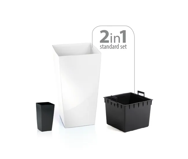 Pack 3 macetas altas Prosperplast (11,4/19/35 litros) Urbi Square de plastico en color antracita con deposito en Color Ter...