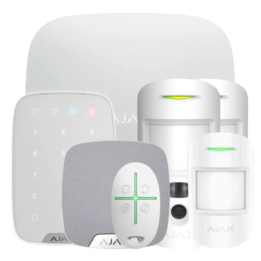 Profesional para Exteriores Kit Ajax blanco. Hub2 + 2MotionCamPHOD + MotionProtect + SpaceControl + KeyPad + HomeSiren