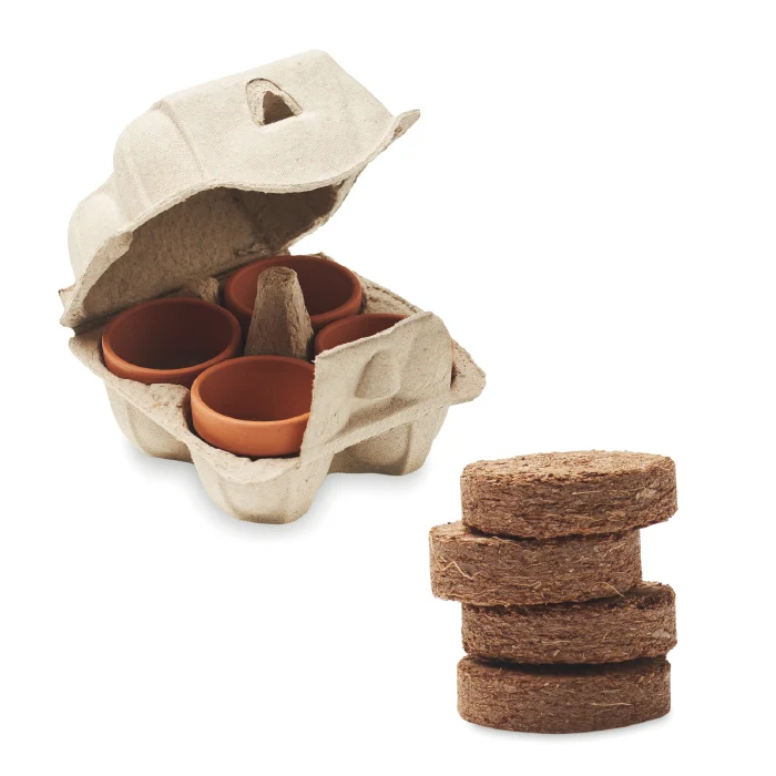 Set de 4 Macetas de Terracota Presentados en una Huevera de Cartón para Configurar Made Europe en Color Terracota