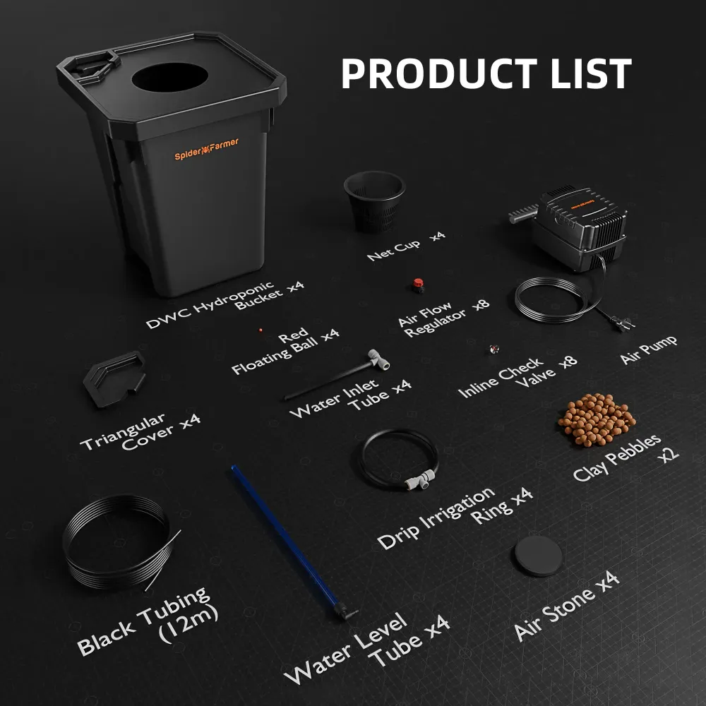 Bomba de Aire Silenciosa Sistema Hidropónico DWC Spider Farmer con Multirriego – Kit de 4 Cubetas de 7 Galones con Bomba d...