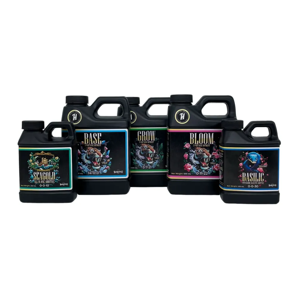 KIT ADITIVOS LIQUIDOS: HARVESTPRO SERIES: Base, Grow y Blom + Basilic y SeaGold Nutrición Base Y Aditivos Líquidos Para Ve...