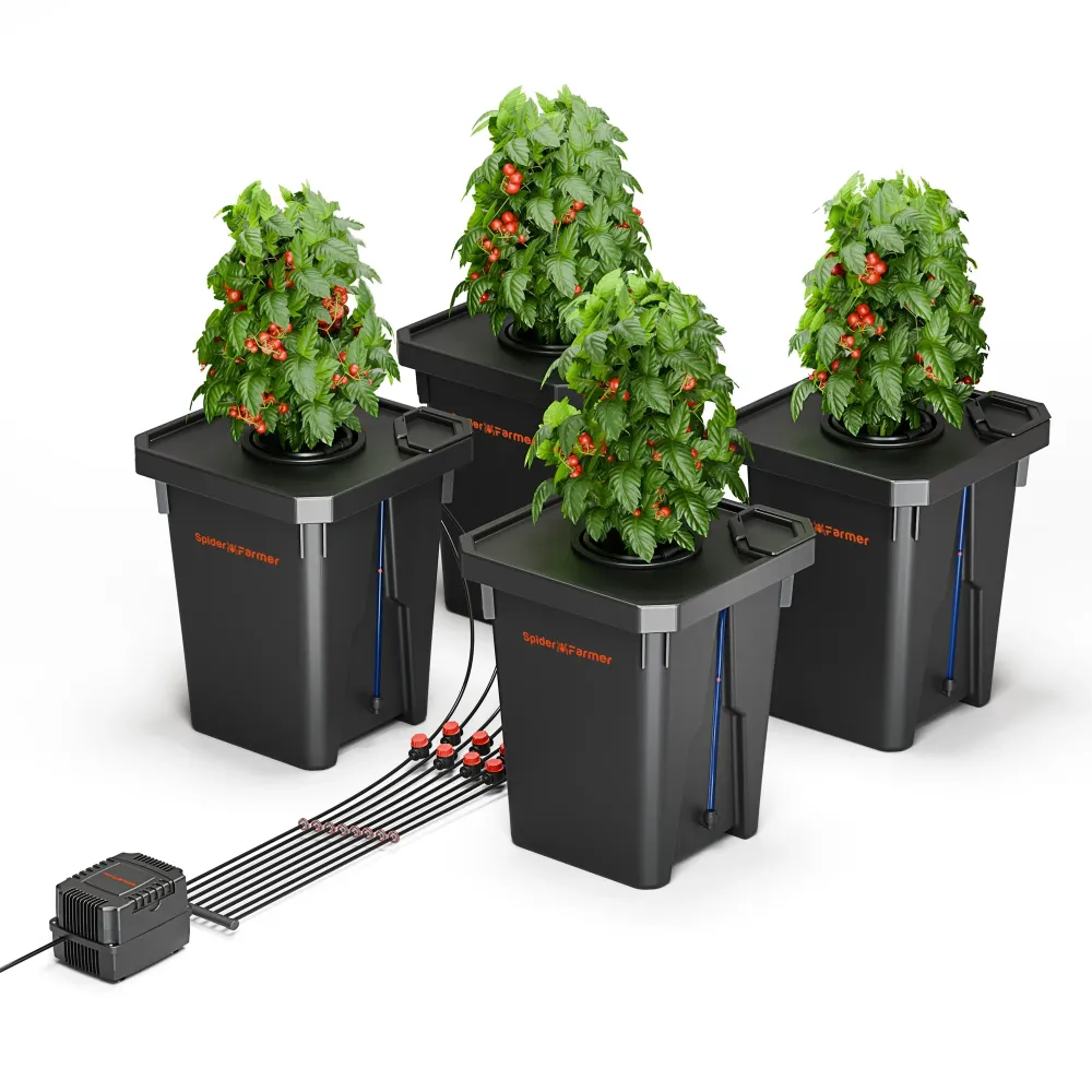 Sistema Hidropónico DWC Spider Farmer con Multirriego – Kit de 4 Cubetas de 7 Galones con Bomba de Aire de 15W HydroGrow