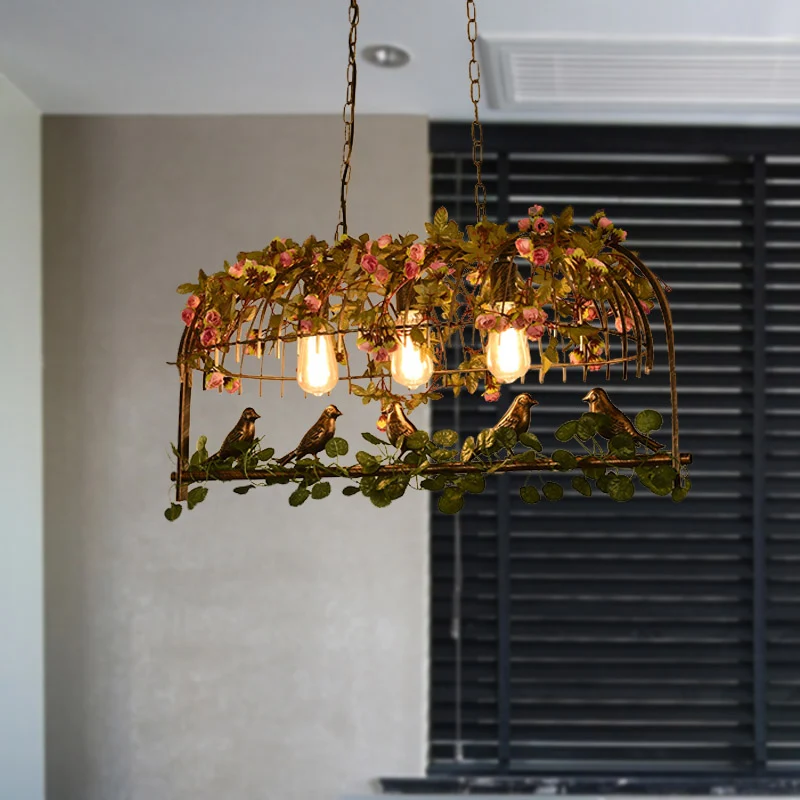 Birdcage Restaurant Island Lámpara de techo De época Metal 2/3/4 cabezas Lámpara colgante de latón con decoración de flore...