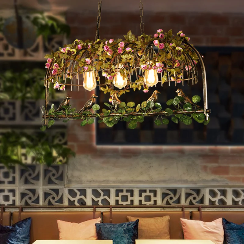 Birdcage Restaurant Island Lámpara de techo De época Metal 2/3/4 cabezas Lámpara colgante de latón con decoración de flore...