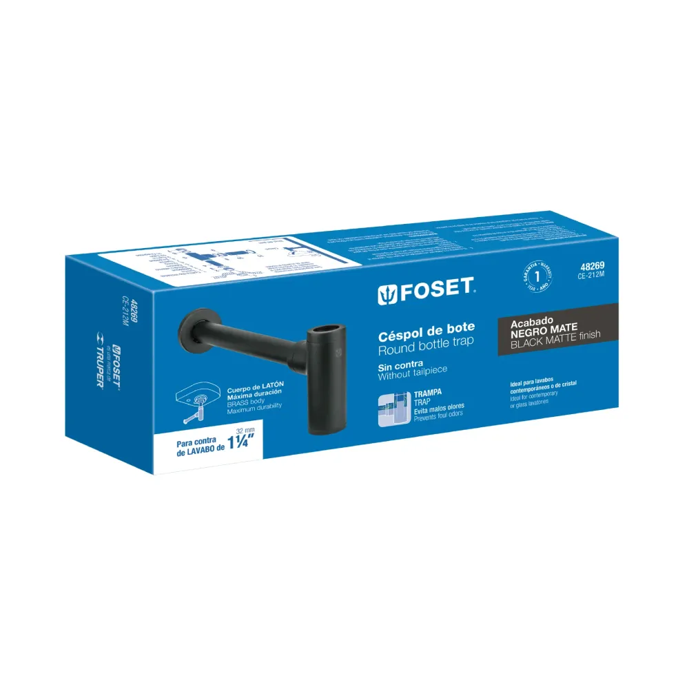 Céspol de bote minimalista 1 1/4', negro, para lavabo, Foset para Estanque de Jardín