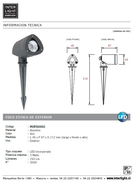 Estaca jardín aluminio gris IP65 4,5x21,2 cm LED 3W - MUES0002 con Cable de 10m