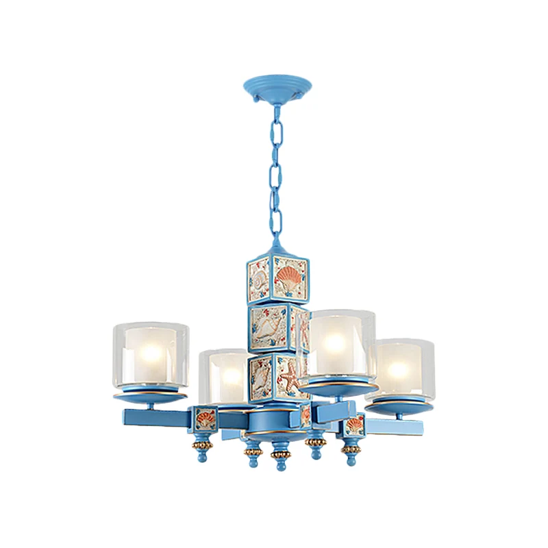 Lámpara colgante Coastal de 4 luces, colgante de suspensión de doble columna azul cielo/claro con pantalla de cristal tran...