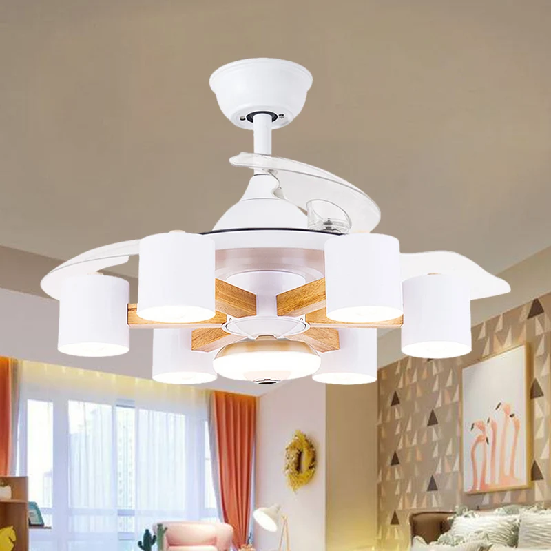 Lámpara de ventilador colgante para sala de estar con cilindro nórdico, acrílico semiempotrado, 42 "de espacioso, 6 cabeza...