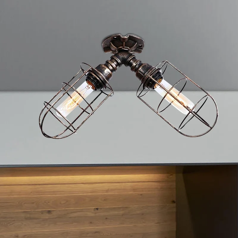 Estante de Cultivo Lámpara de montaje semiempotrado para sala de estar con pantalla de jaula, estilo costero, hierro forja...