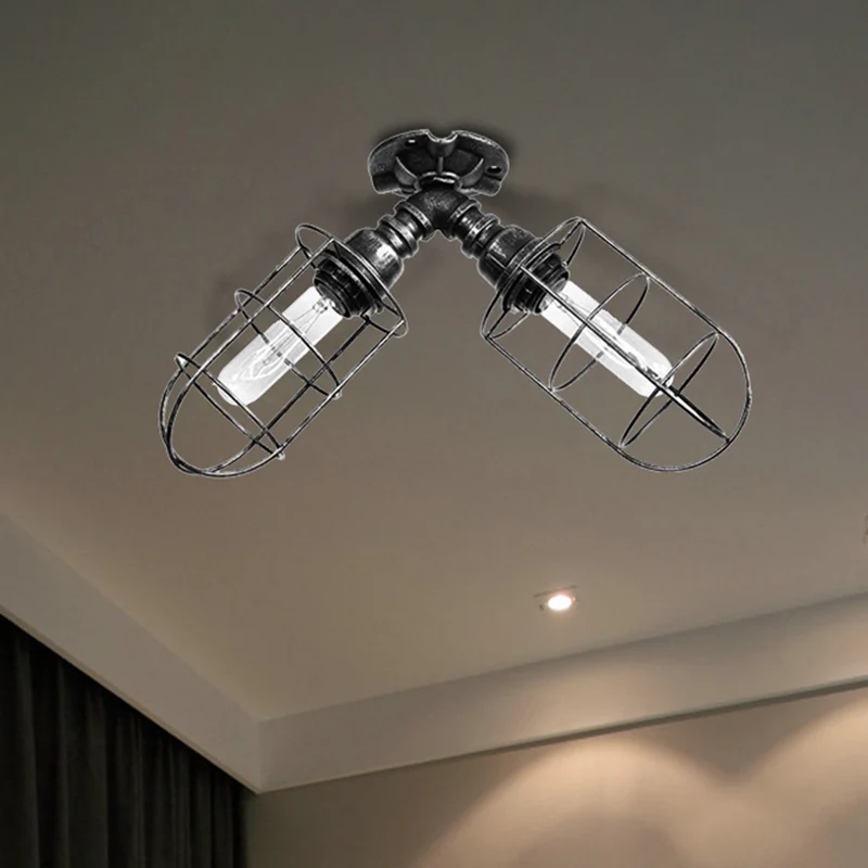 Estante de Cultivo Lámpara de montaje semiempotrado para sala de estar con pantalla de jaula, estilo costero, hierro forja...