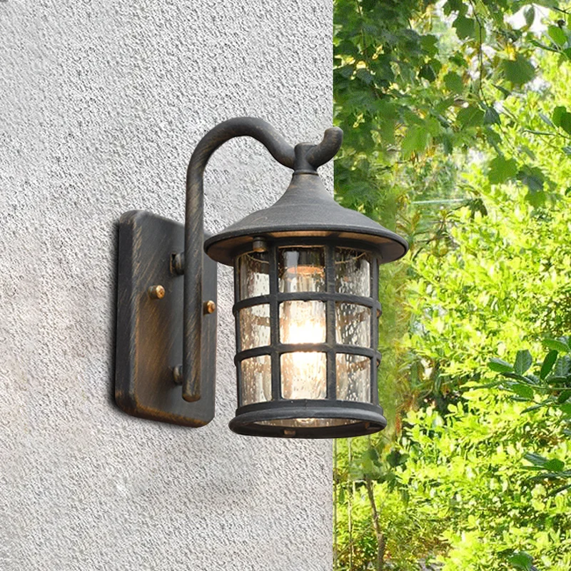 Gezaaide glazen lantaarn wandlamp Countryside Simple Light buitenwandlamp brons/zwart