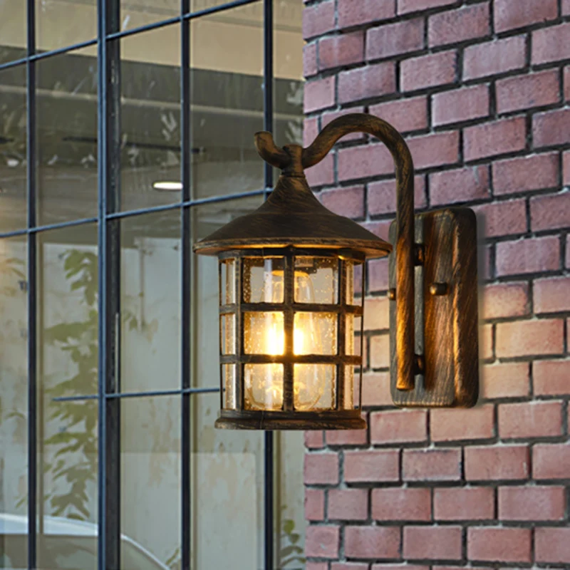 Gezaaide glazen lantaarn wandlamp Countryside Simple Light buitenwandlamp brons/zwart