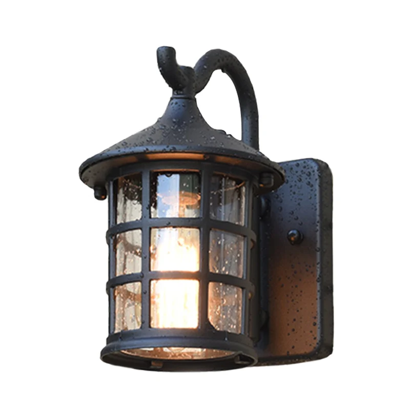 Gezaaide glazen lantaarn wandlamp Countryside Simple Light buitenwandlamp brons/zwart
