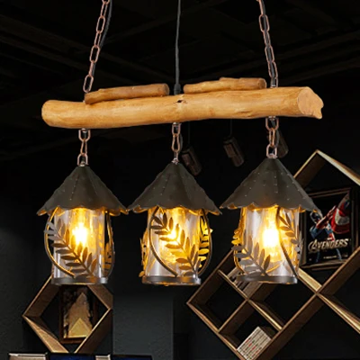 Illuminazione isola con lanterna con design foglie e lampada sospensione 3 teste metallo rustico con trave legno con Siste...