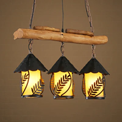 Illuminazione isola con lanterna con design foglie e lampada sospensione 3 teste metallo rustico con trave legno con Siste...