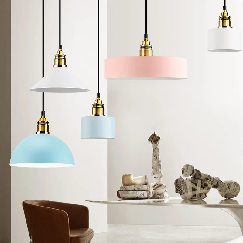 Koepel/Cilinder/Kegel Ijzer Hanglamp Macaron Enkel Wit/Roze/Blauw en Messing Plafond Hanglamp voor Nachtkastje Compatible...