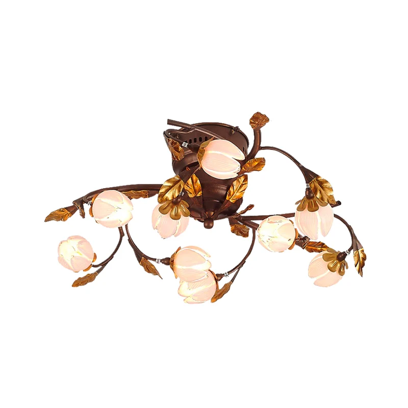 Lampada da soffitto metallo Lotus stile pastorale 9 lampadine da soggiorno, lampada da semi-incasso marrone scuro | Kit Co...