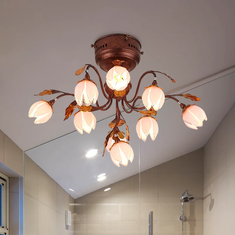 Lampada da soffitto metallo Lotus stile pastorale 9 lampadine da soggiorno, lampada da semi-incasso marrone scuro | Kit Co...