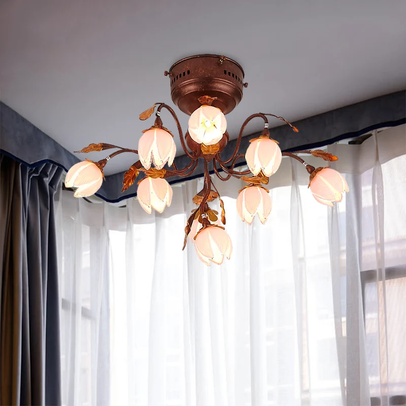 Lampada da soffitto metallo Lotus stile pastorale 9 lampadine da soggiorno, lampada da semi-incasso marrone scuro | Kit Co...
