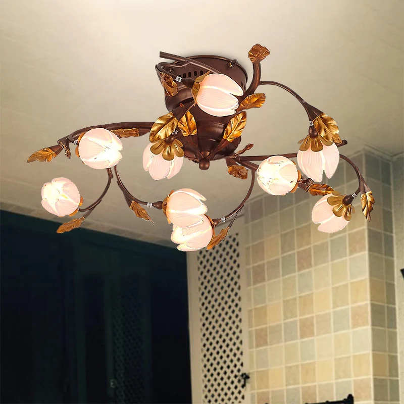 Lampada da soffitto metallo Lotus stile pastorale 9 lampadine da soggiorno, lampada da semi-incasso marrone scuro | Kit Co...
