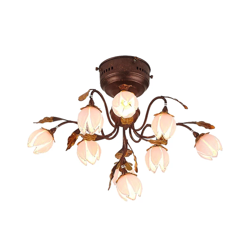 Lampada da soffitto metallo Lotus stile pastorale 9 lampadine da soggiorno, lampada da semi-incasso marrone scuro | Kit Co...