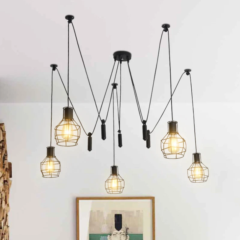 Lampada sospensione gabbia 3/5/8 teste Lampada sospensione metallizzata nera per fattoria con design Swag con Garantí Limi...