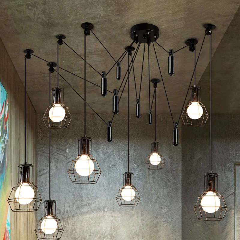 Lampada sospensione gabbia 3/5/8 teste Lampada sospensione metallizzata nera per fattoria con design Swag con Garantí Limi...