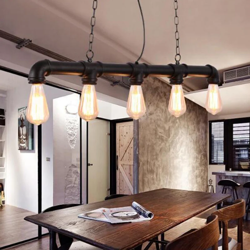 Lampada sospensione metallica per fattoria con lampada isola 5 teste allungata per sala da pranzo con Sistema de Drenaje