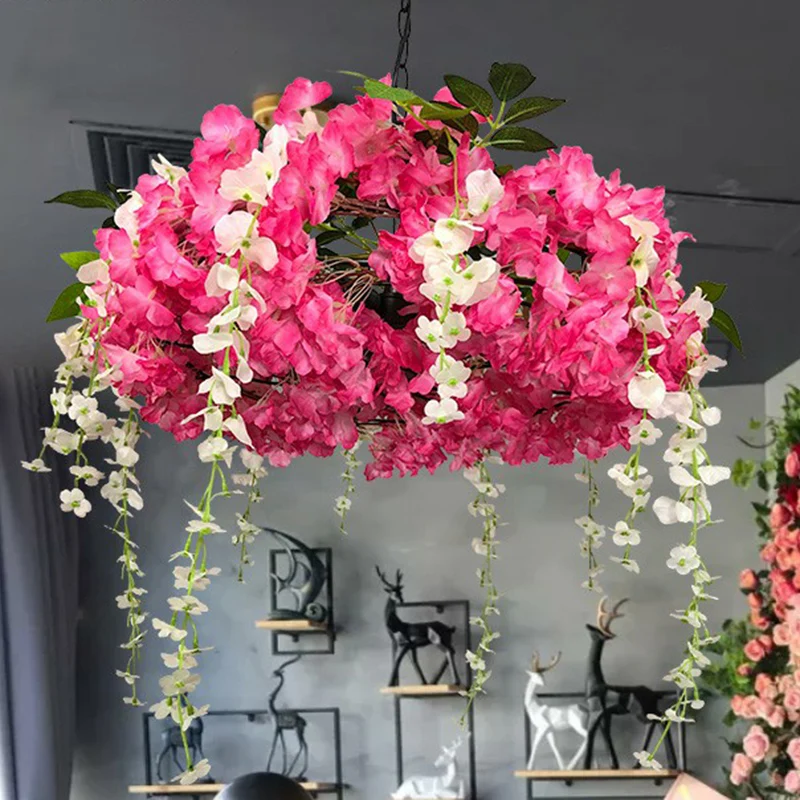 Lampada sospensione rotonda metallo stile loft 3 lampadine con fiori finti per ristorante para Plantas de Sombra