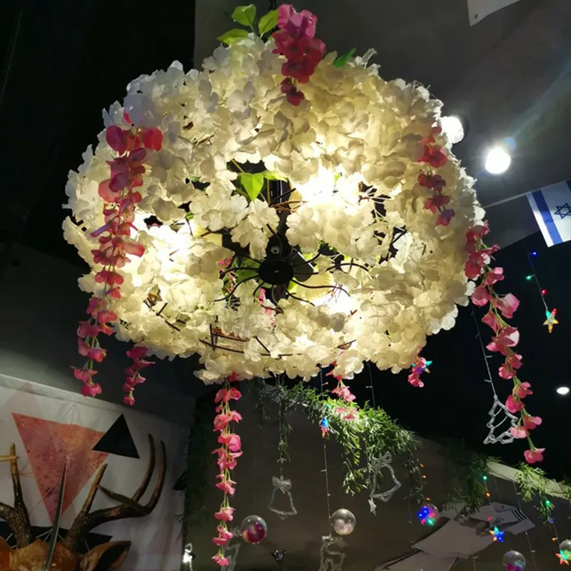 Lampada sospensione rotonda metallo stile loft 3 lampadine con fiori finti per ristorante para Plantas de Sombra