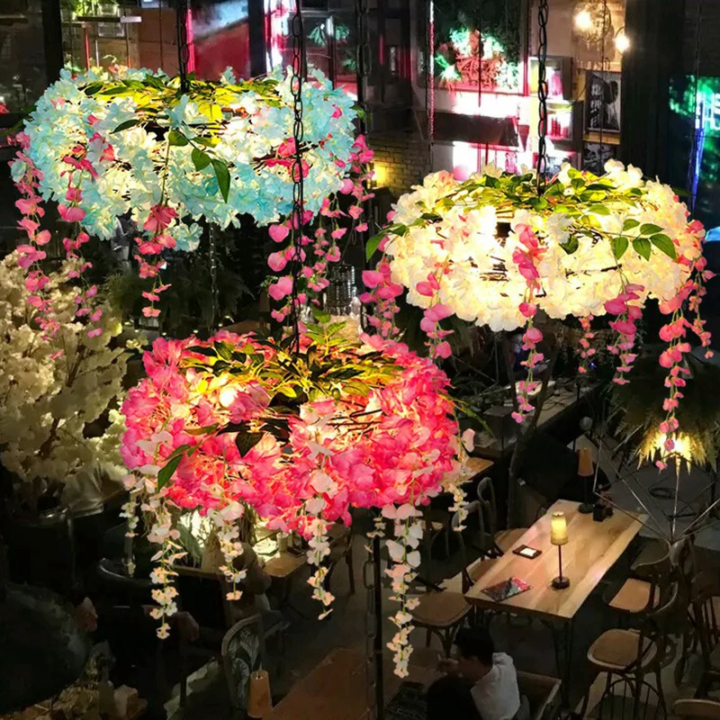 Lampada sospensione rotonda metallo stile loft 3 lampadine con fiori finti per ristorante para Plantas de Sombra