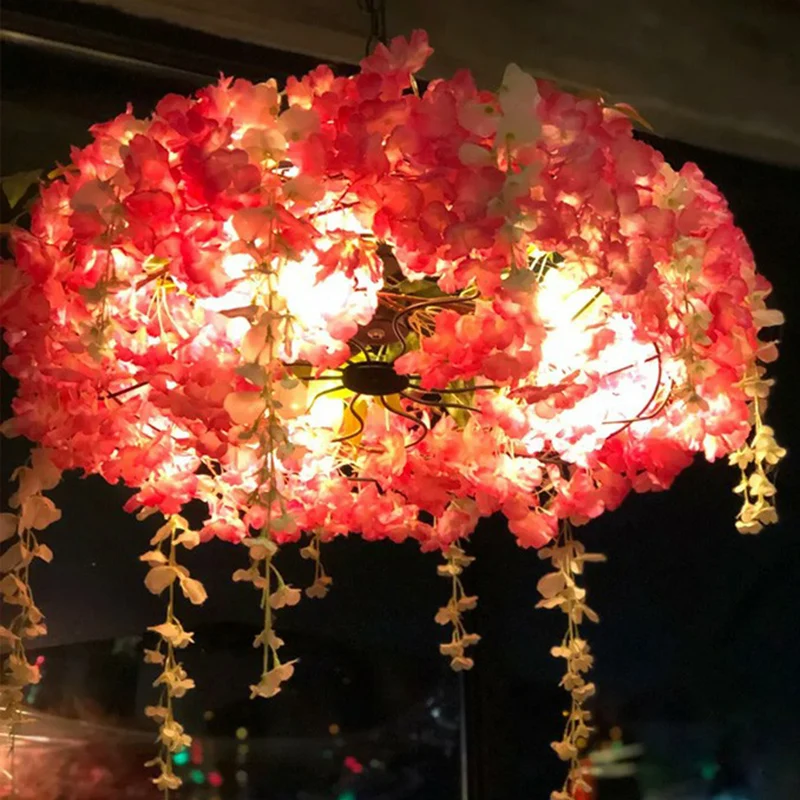 Lampada sospensione rotonda metallo stile loft 3 lampadine con fiori finti per ristorante para Plantas de Sombra