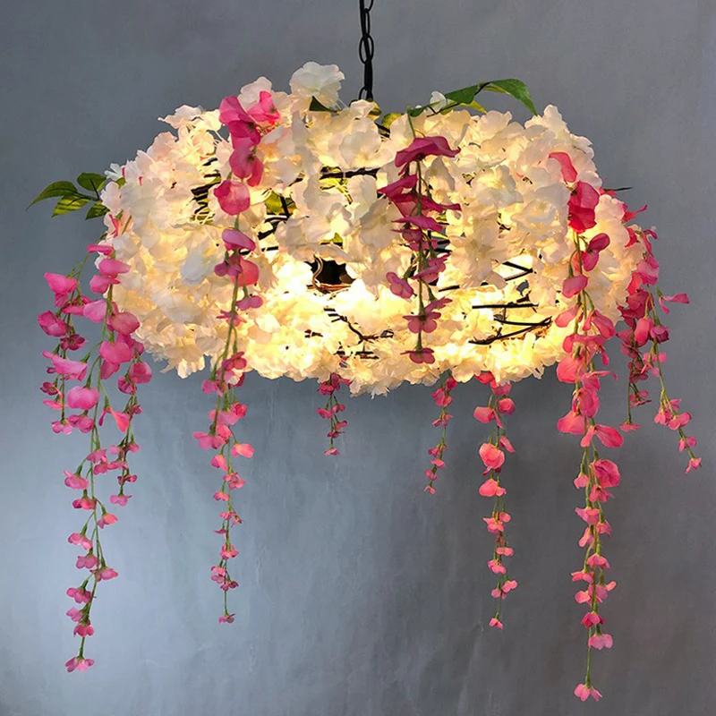 Lampada sospensione rotonda metallo stile loft 3 lampadine con fiori finti per ristorante para Plantas de Sombra